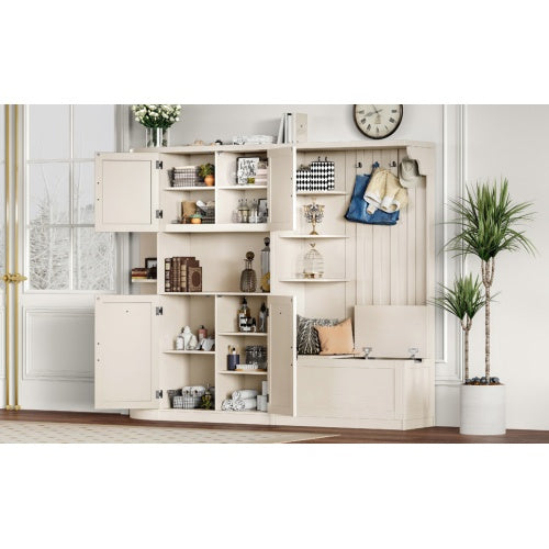 Multifunctional Left-right Combination Hall Cabinet Can Be Used Separately With Storage And 4 Hooks, Storage Cabinet Hall Tree 2 In 1 For Living Room, Kitchen And Hallway,antique Beige