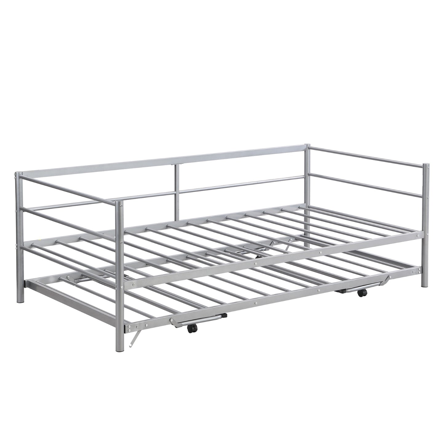 Twin Size Metal Daybed With Adjustable Trundle,  Up Trundle, Silver
