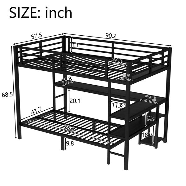 Full Sized Enlarged Bunk Bed With Desk And Shelf, Can Be Placed In Multiple Positions, Equipped With LED And USB, Black