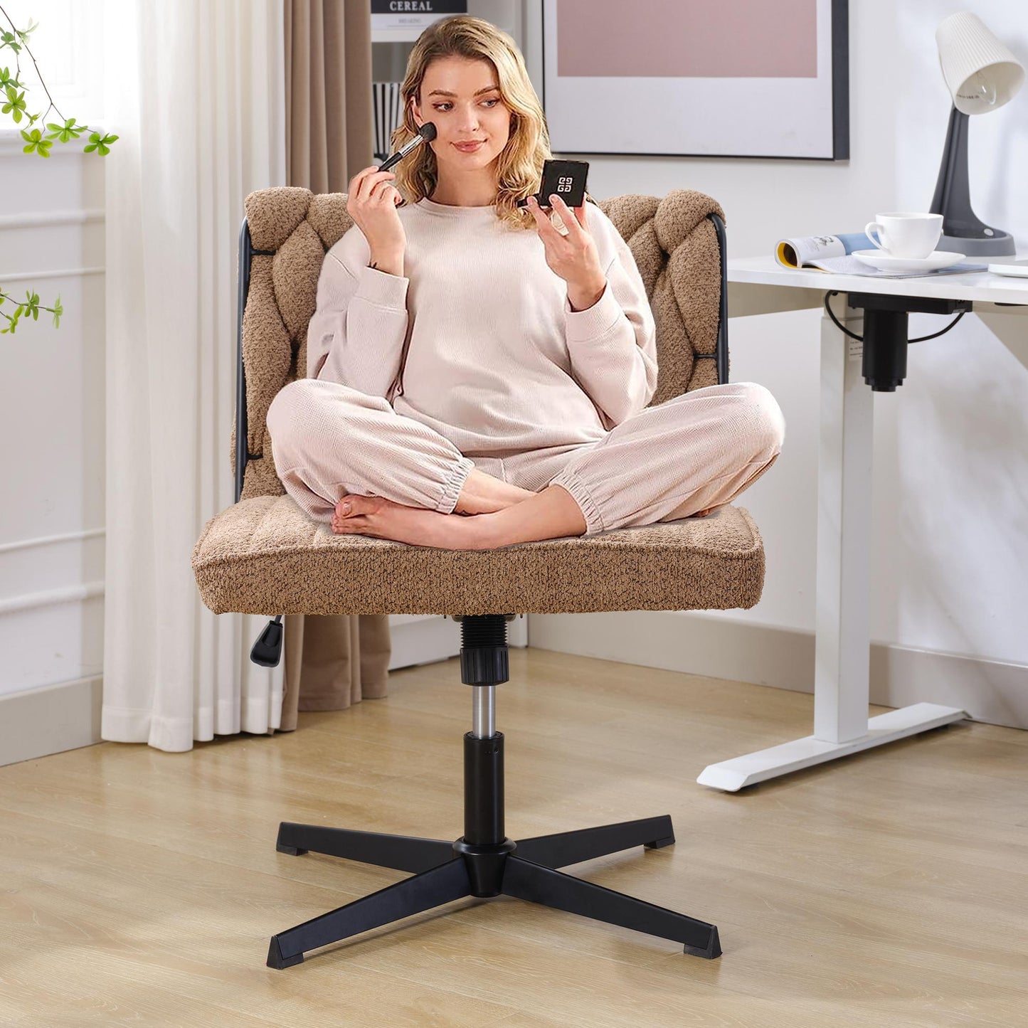 Armless Office Chair no Wheels, Ergonomic Wide Seat Swivel Desk Chair, Height Adjustable Cross Legged Comfortable Computer Chair for Living Room, Van