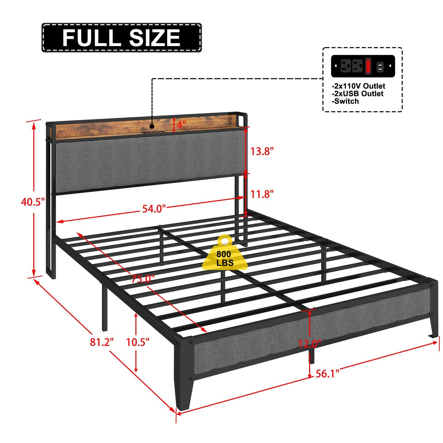 Full-Size,Full metal bed frame with charging headboard.