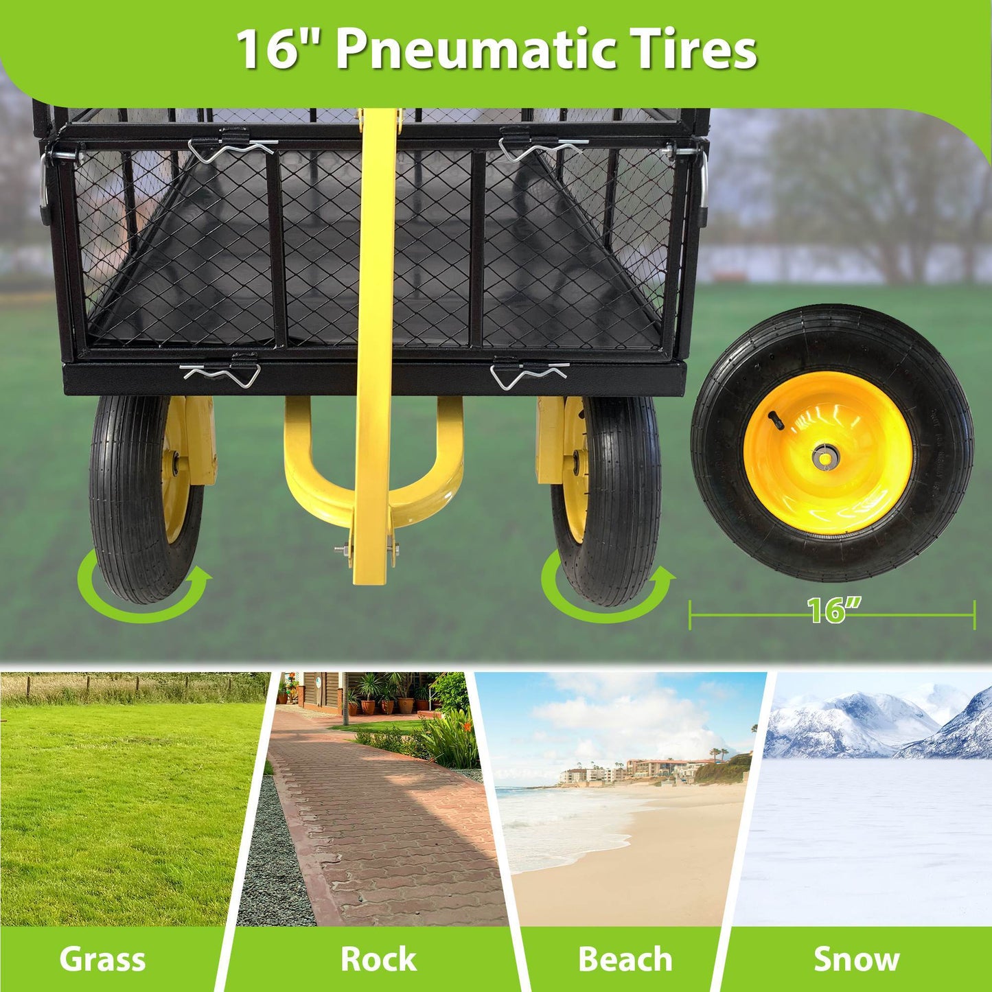 Steel Garden Cart, Heavy Duty 1400 Lbs Capacity, With Removable Mesh Sides To Convert Into Flatbed, Utility Metal Wagon With 2-in-1 Handle And 16 In Tires, Perfect For Garden, Farm, Yard