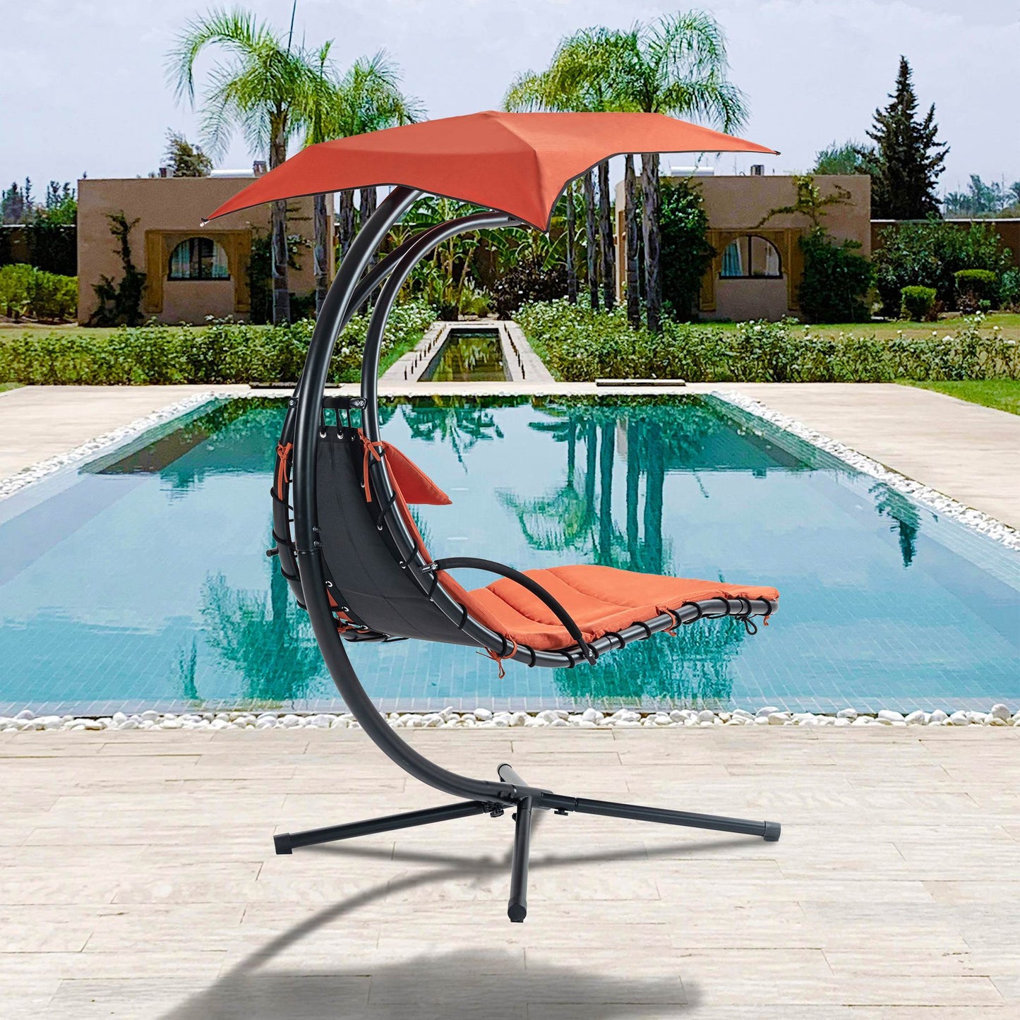 Hanging Chaise Lounger With Removable Canopy, Outdoor Swing Chair With Built-in Pillow, Hanging Curved Chaise Lounge Chair Swing For Patio Porch Poolside, Hammock Chair With Stand