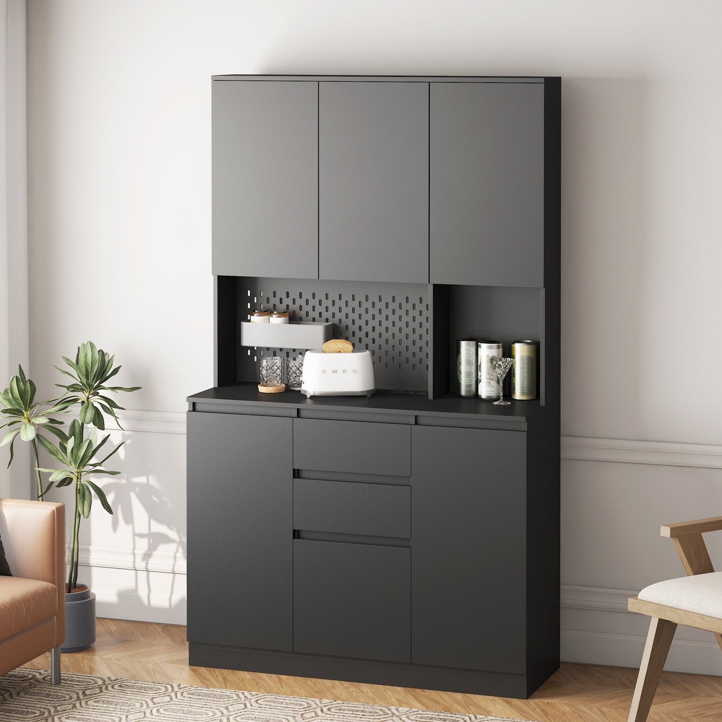 Freestanding Kitchen Pantry Cabinet Cupboard With 6 Doors,3 Shelves And 2 Drawer,Versatile Wardrobe & Kitchen Cabinet,Craft Storage Cabinet,Laundry Room Storage For Kitchen Black