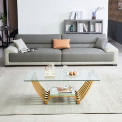 47 Rectangle Modern Stainless Steel Coffee Table, Double-Layer Clear Tempered Glass Coffee Table, Center Table Table With Storage, For Living Room Home Office, Easy Assembly, Gold