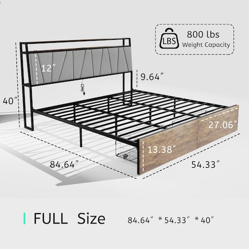 Full Bed Frame With Storage, Ergonomic Headboard, Bed Frame With 2 Storage Drawers, Built In Charging Station & LED, Outlets & USB, Full Size, Noise Free, No Box Spring Needed, Rustic Brown