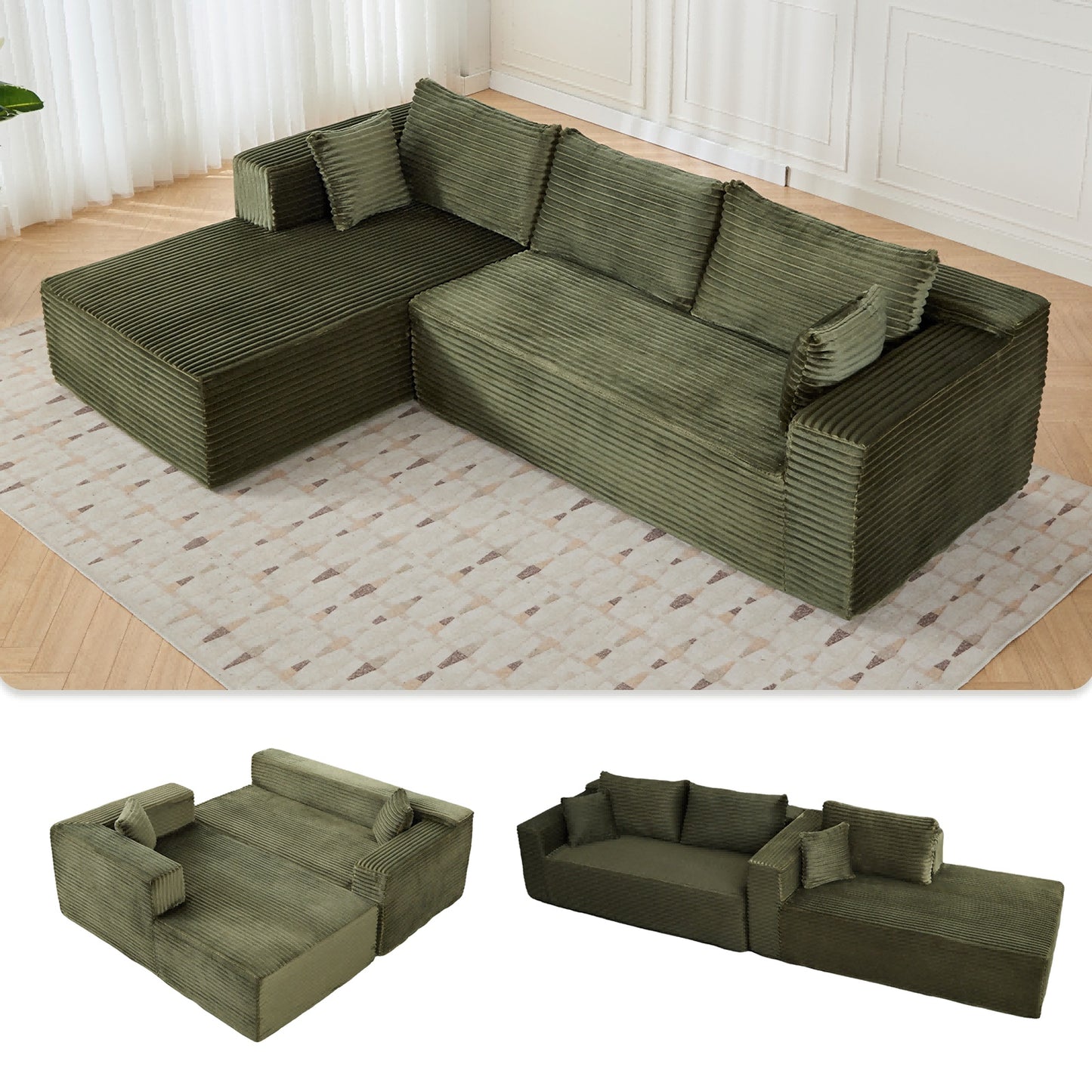 L-Shaped Compression Sofa Bed With Corduroy Fabric - Convertible Sectional Sofa, Foldable Floor Couch Sleeper, Space-Saving Flannel-Like Lounge For Small Apartments, Living Room & Game Room NO TUME