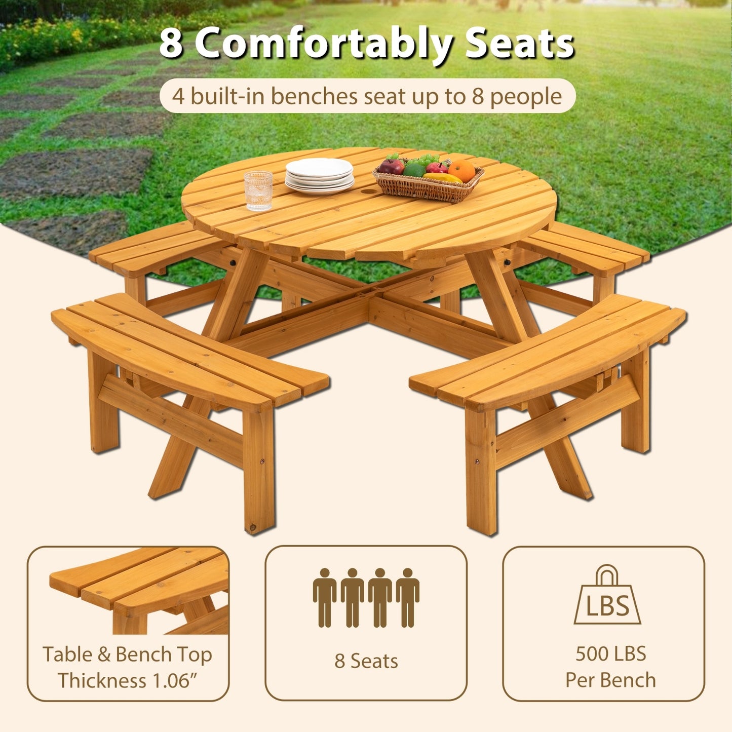 8 Person Wooden Picnic Table Outdoor Camping With 4 Built-in Benches