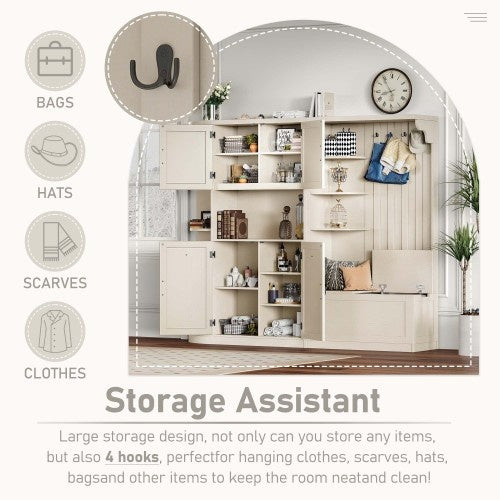 Multifunctional Left-right Combination Hall Cabinet Can Be Used Separately With Storage And 4 Hooks, Storage Cabinet Hall Tree 2 In 1 For Living Room, Kitchen And Hallway,antique Beige