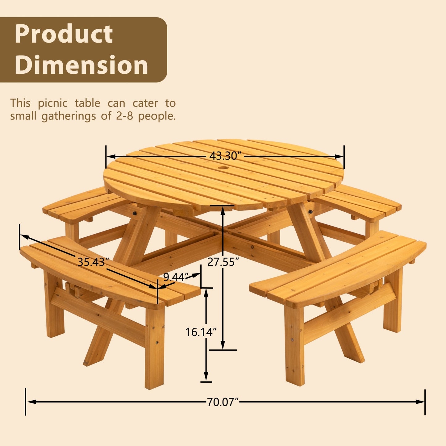 8 Person Wooden Picnic Table Outdoor Camping With 4 Built-in Benches