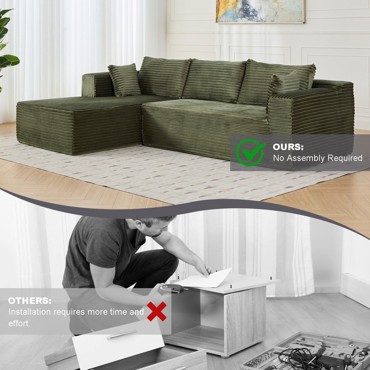L-Shaped Compression Sofa Bed With Corduroy Fabric - Convertible Sectional Sofa, Foldable Floor Couch Sleeper, Space-Saving Flannel-Like Lounge For Small Apartments, Living Room & Game Room NO TUME