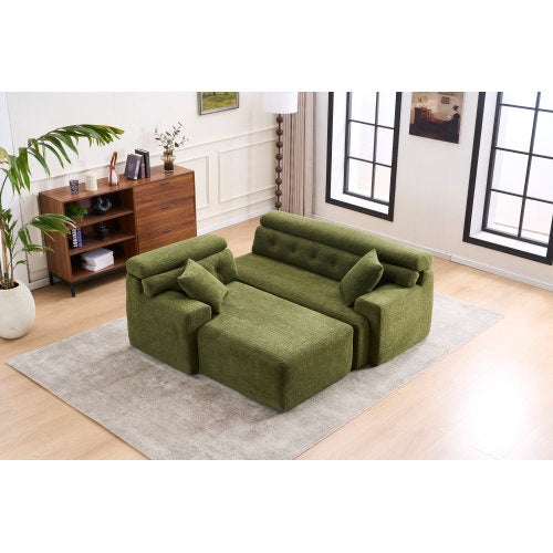 LY-029B WHITE COMPRESSION SOFA Combining Chaise Longue With 3-seater Wood Grain Chenille Fabric, Full Sponge Compression Sofa,combined Sofa With 2 Pillows For Living Home Furniture