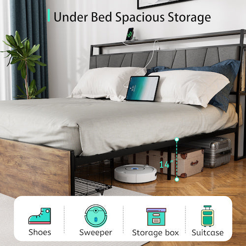 Full Bed Frame With Storage, Ergonomic Headboard, Bed Frame With 2 Storage Drawers, Built In Charging Station & LED, Outlets & USB, Full Size, Noise Free, No Box Spring Needed, Rustic Brown