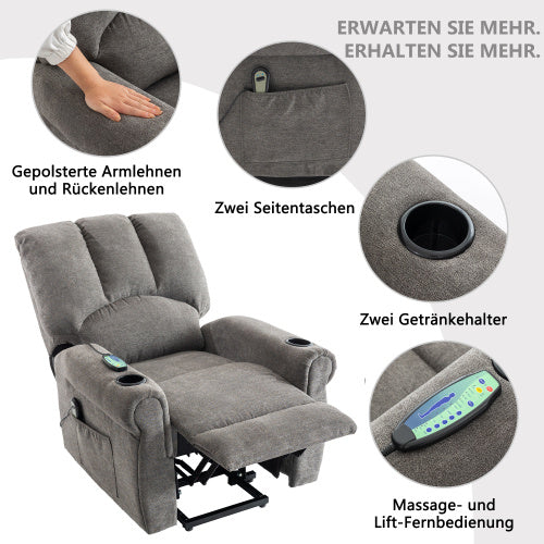 Electric Lift Grey Senior Chair - Single Motor, Heated Massage, Stand Assist, Storage Pockets, Cup Holders