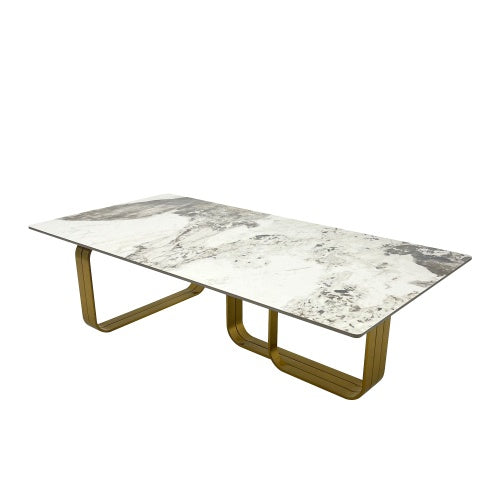 Modern Rectangular Coffee Table With Sintered Stone Top, Gold Metal Frame, For Living Room