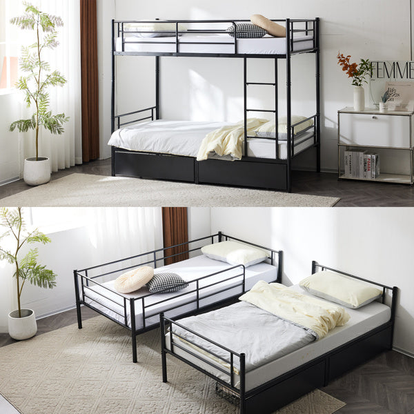 Double Decker Bunk Bed With Drawers Black, Detachable Twin Bed