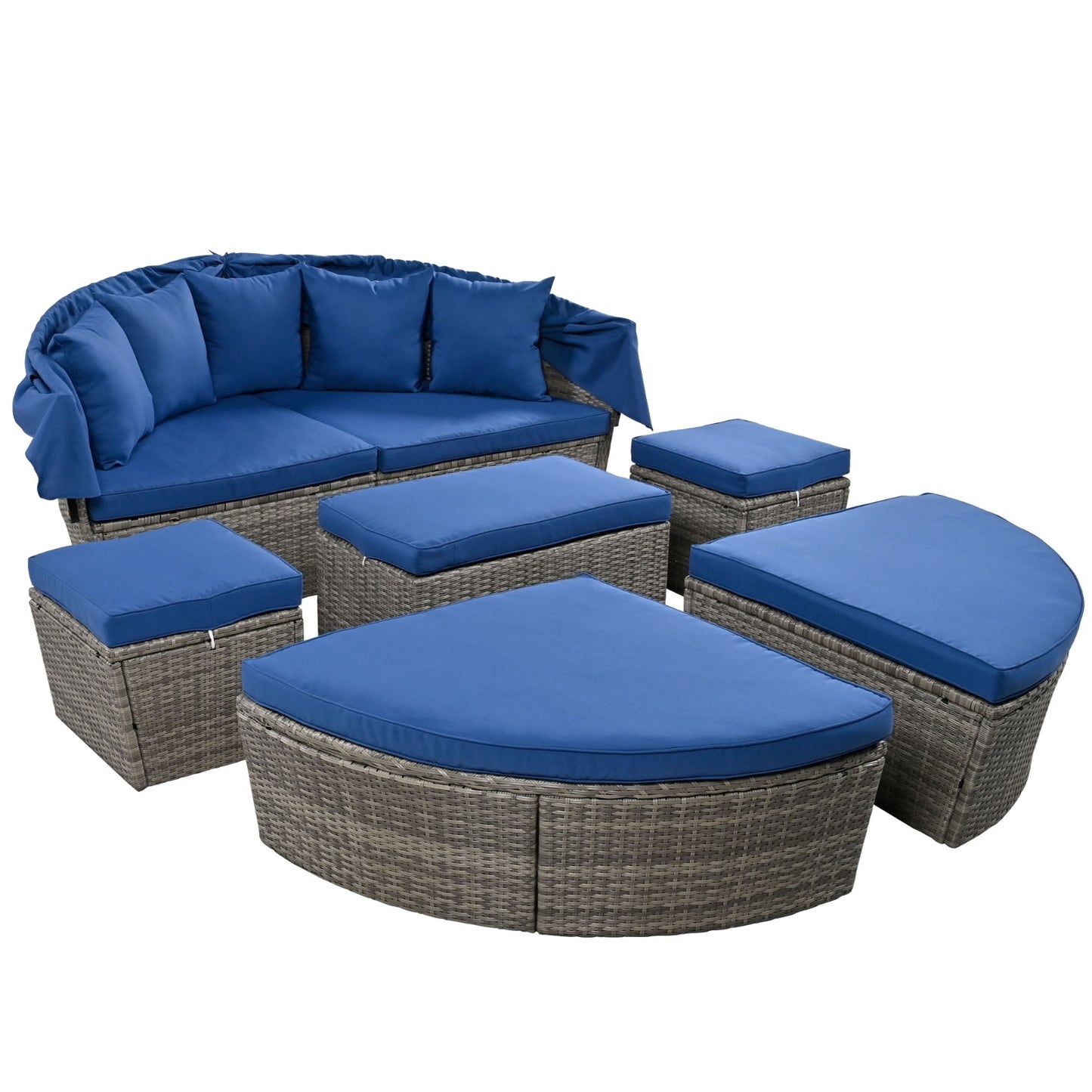 GO Outdoor Rattan Daybed Sunbed With Retractable Canopy Wicker Furniture, Round Outdoor Sectional So