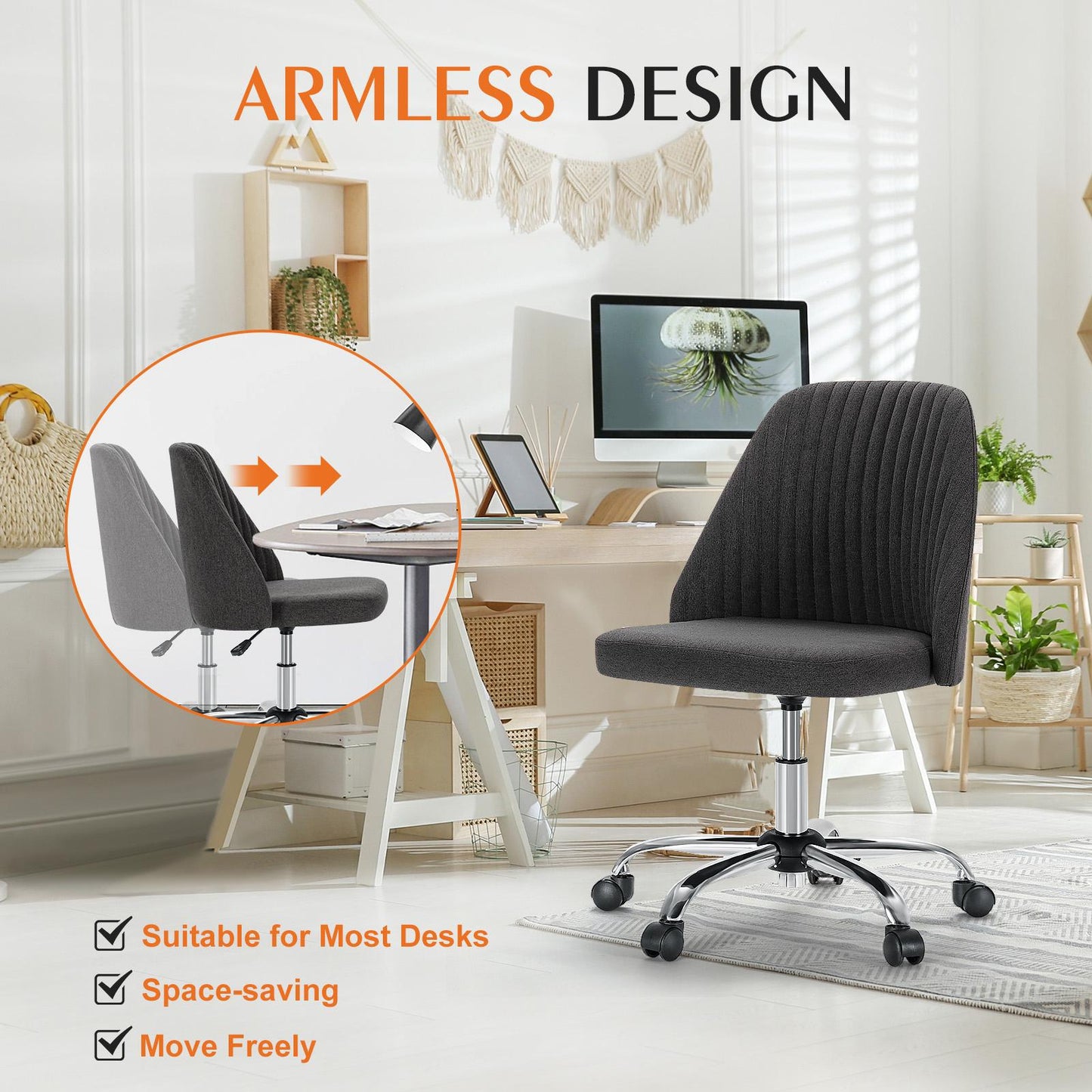 Home Office Desk Chair - Adjustable Rolling Chair, Armless Cute Modern Task Chair for