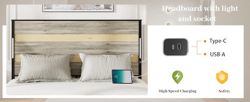 Queen Size Bed Frame With Headboard And 4 Storage Drawers , Queen Bed Frame With Charging Station And LED Lights, Wood Slats, Easy Assembly,No Box Spring Needed,Industrial Gray