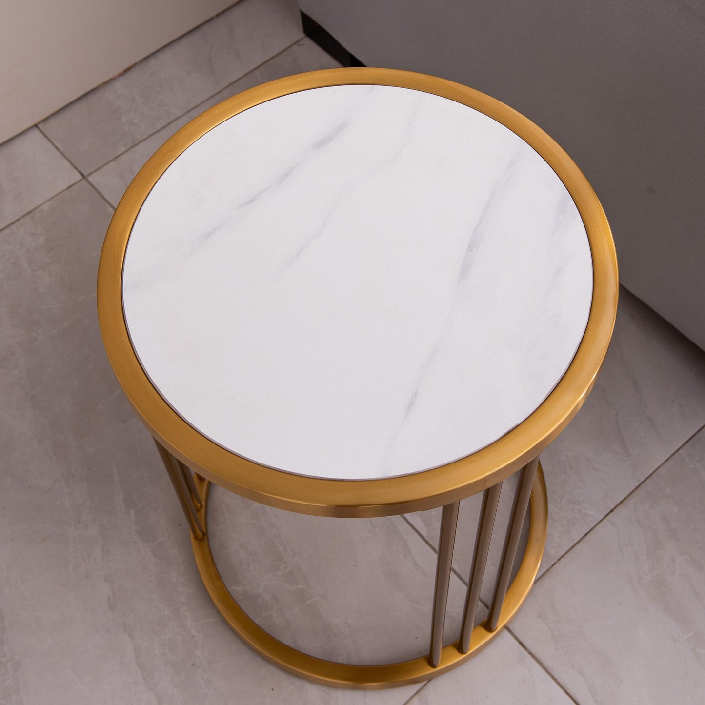 Sintered stone round side/end table with golden stainless steel frame