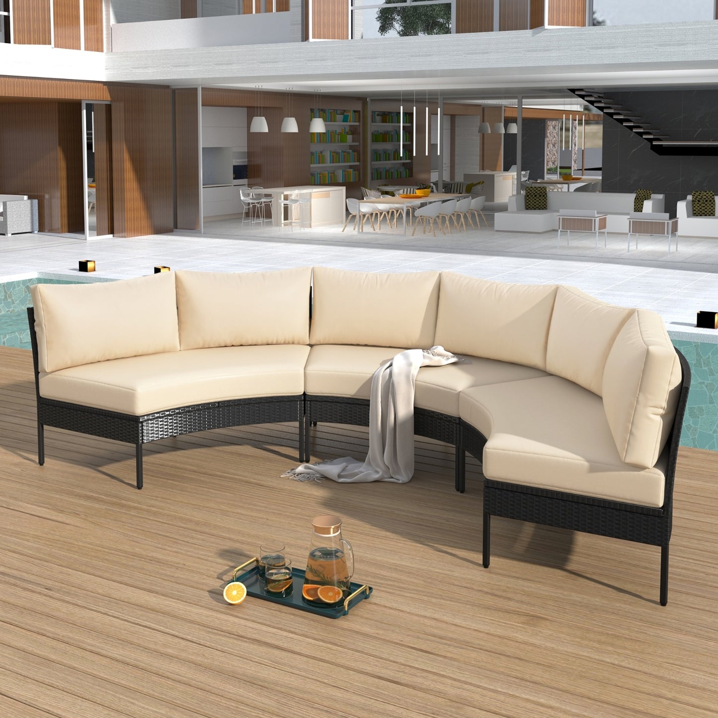 U STYLE Patio Furniture Set, 3 Piece Curved Outdoor Conversation Set, All Weather Sectional Sofa Wit