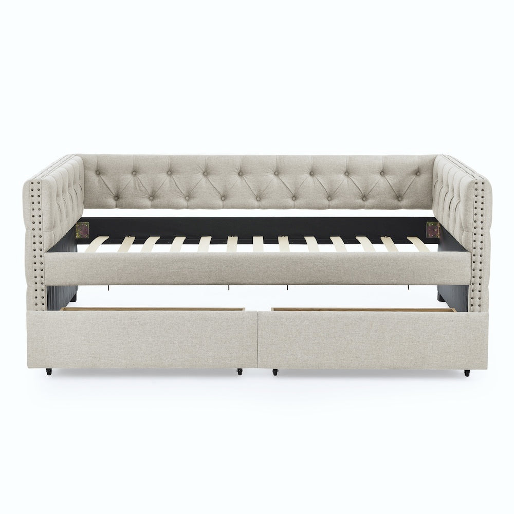 Upholstered Twin Size Daybed With Two Drawers, With Button And Copper Nail On Square Arms, Beige