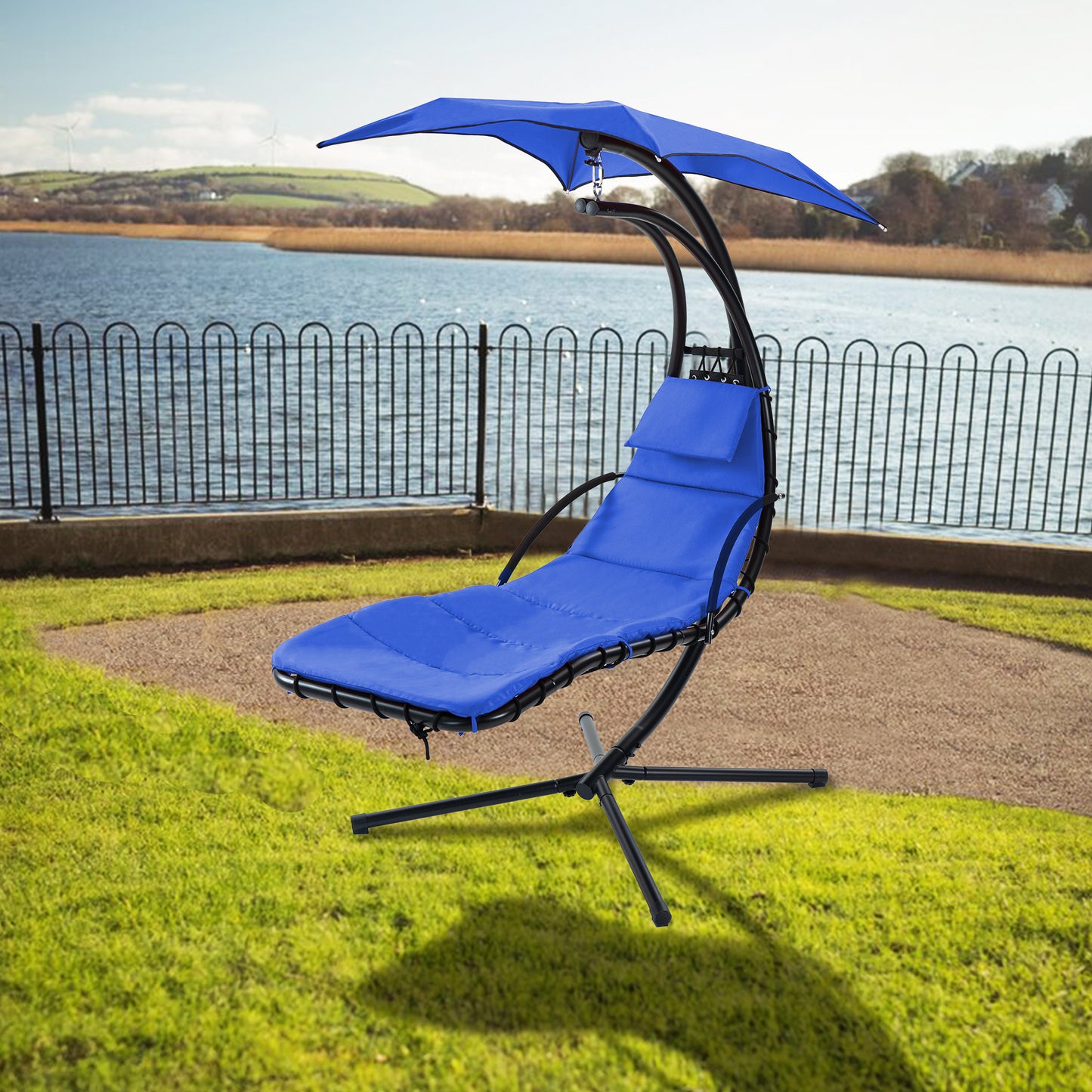 Hanging Chaise Lounger With Removable Canopy, Outdoor Swing Chair With Built-in Pillow, Hanging Curved Chaise Lounge Chair Swing For Patio Porch Poolside, Hammock Chair With Stand