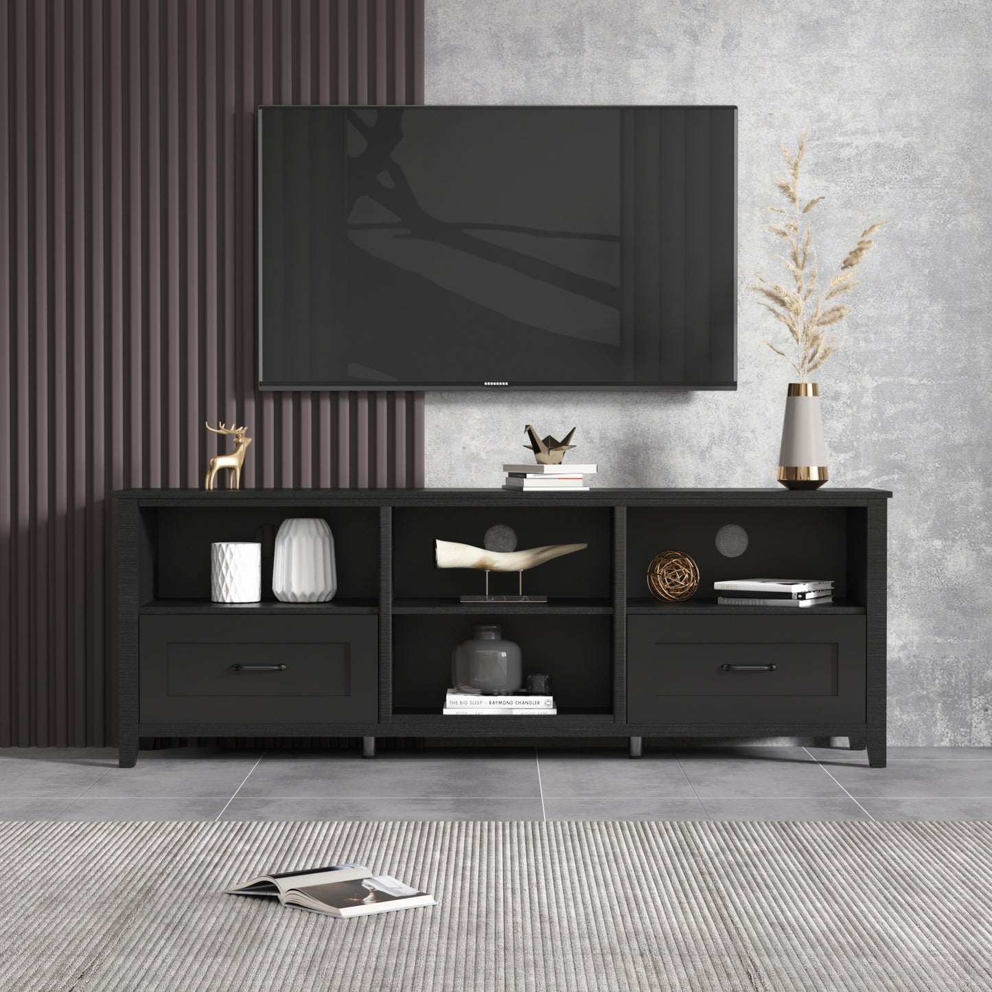 70.08Inch Length Furniture Black TV Stand for Living Room and Bedroom with 2 Drawers and 4 High Capacity Storage Compartment