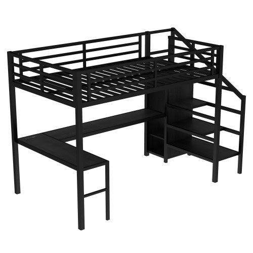 Full Size Loft Bed With L-shaped Desk And USB, Metal Loft Bed With Wardrobe And Adjustable Shelf, High Loft Bed With LED For Kids Teens Adults, Black