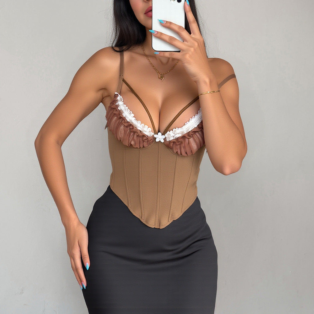 Sexy High-end Fishbone Camisole With Lace And Mesh Panels, Featuring A Backless Design And A Wrap-around Bodice.