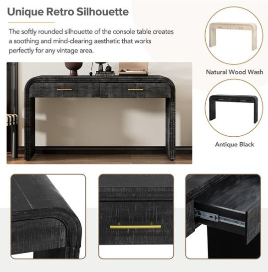 Unique Vintage Silhouette Console Table With An Open Design With Two Drawers At The Top For Entrance, Dining Room, Living Room - Antique Black