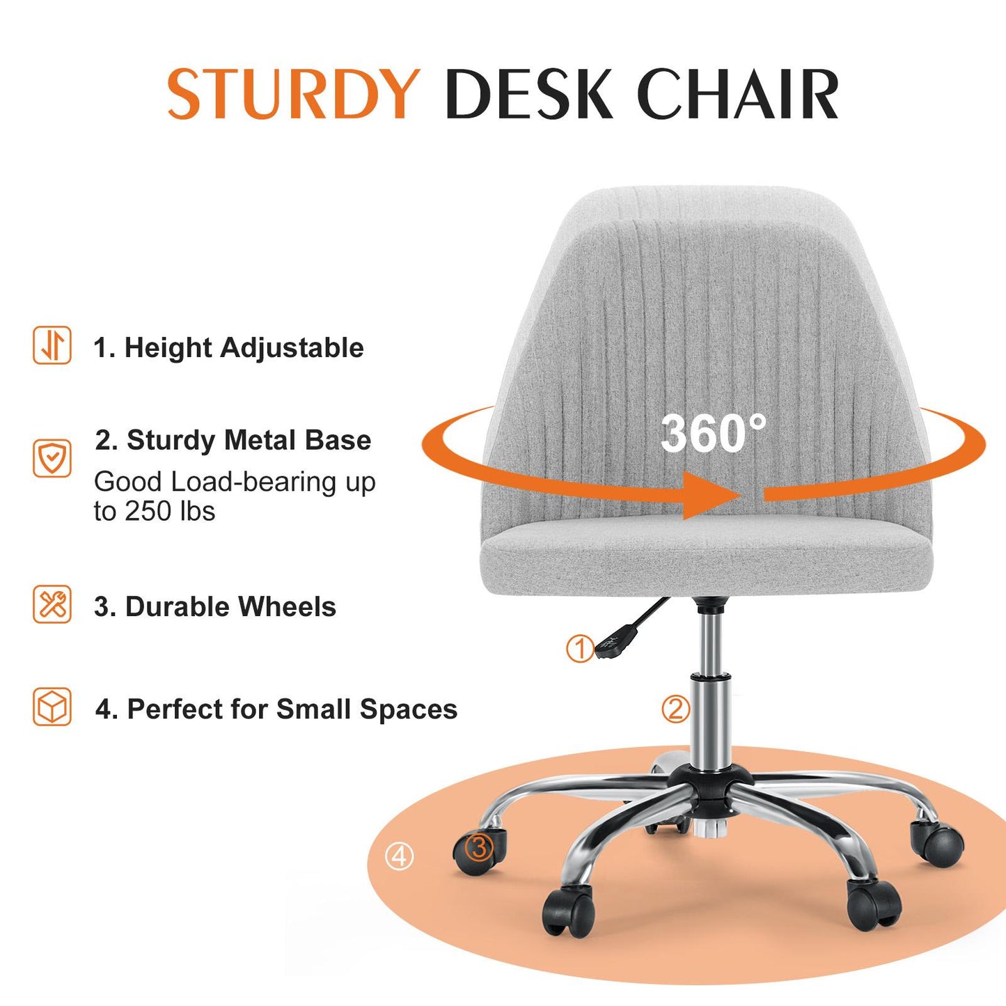 Home Office Desk Chair - Adjustable Rolling Chair, Armless Cute Modern Task Chair for