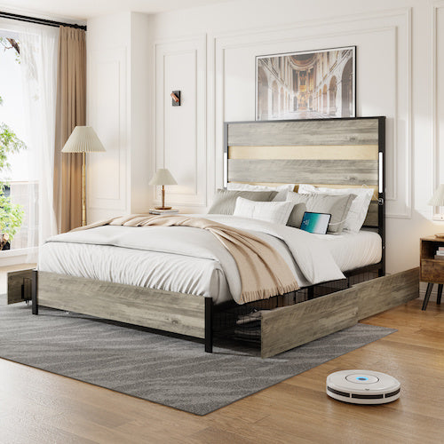 Queen Size Bed Frame With Headboard And 4 Storage Drawers , Queen Bed Frame With Charging Station And LED Lights, Wood Slats, Easy Assembly,No Box Spring Needed,Industrial Gray