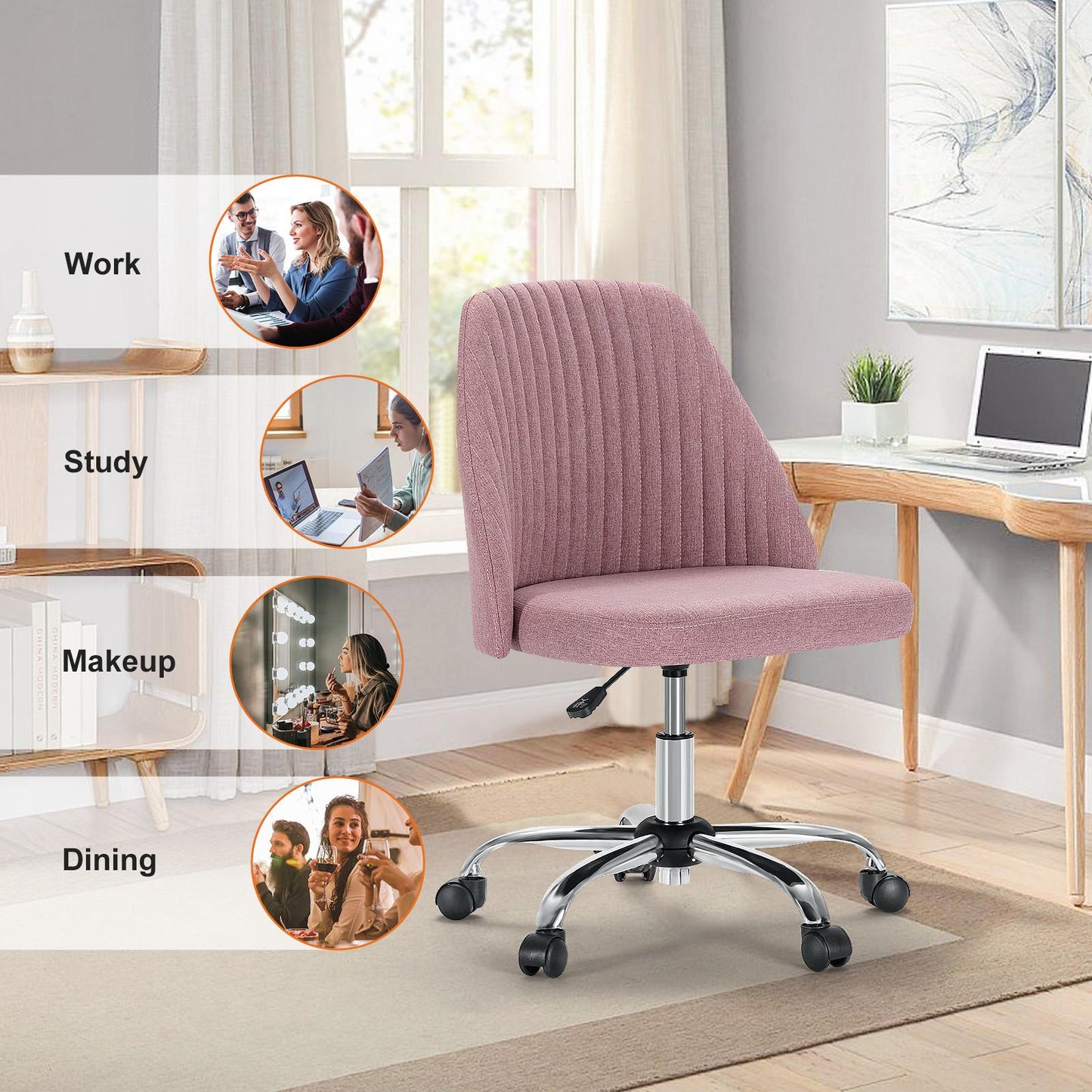 Home Office Desk Chair - Adjustable Rolling Chair, Armless Cute Modern Task Chair for