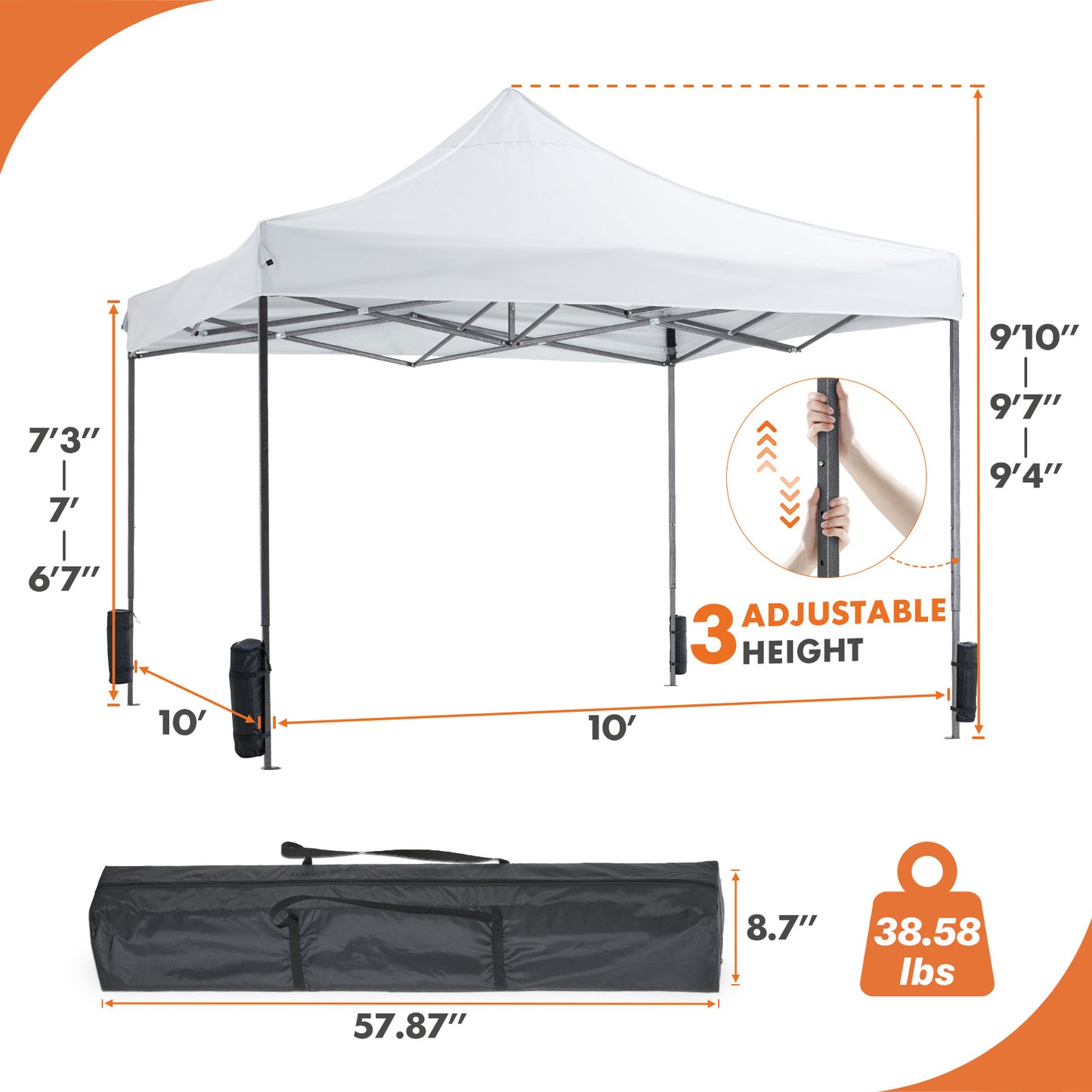 10 X 10ft  Up Canopy Tent Easy Setup Outdoor Shade Instant Portable Sun Shelter Canopy Tent For Parties Camping Beach