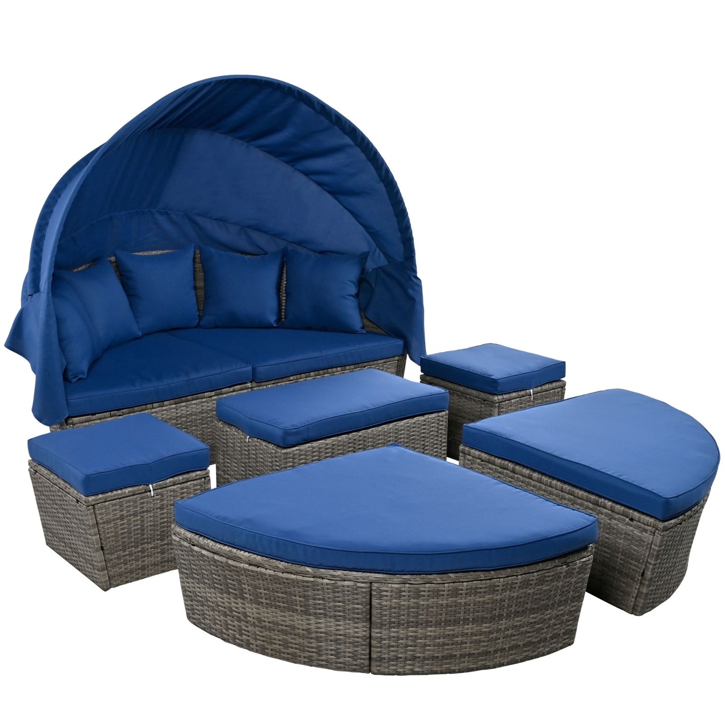 GO Outdoor Rattan Daybed Sunbed With Retractable Canopy Wicker Furniture, Round Outdoor Sectional So