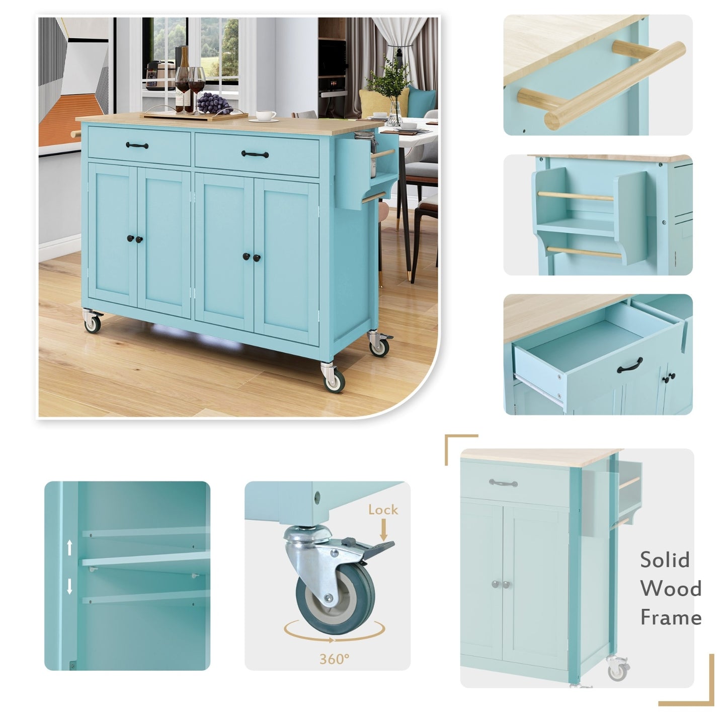 Kitchen Island Cart 4-Door Cabinet, 2 Drawers, 2 Locking Wheels, Solid Wood Top