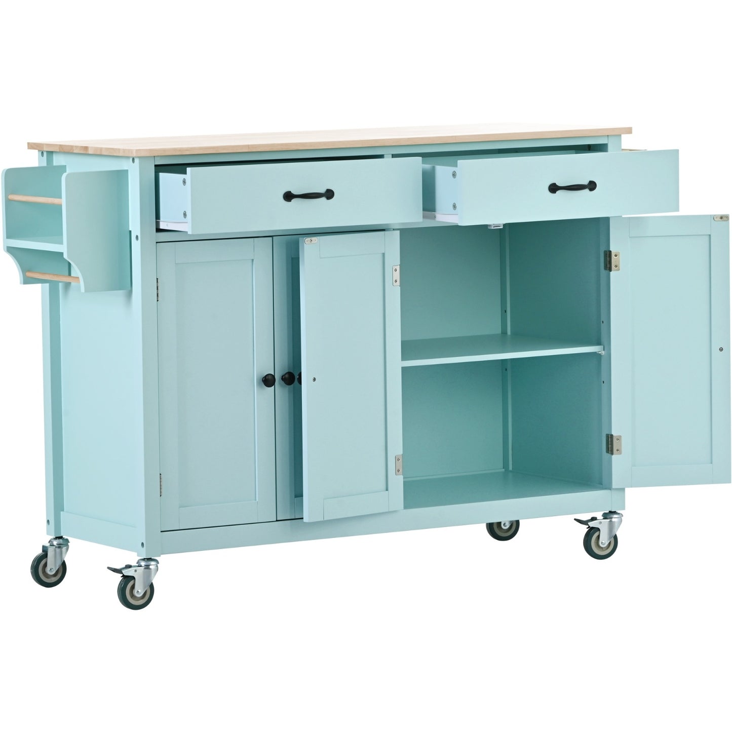 Kitchen Island Cart 4-Door Cabinet, 2 Drawers, 2 Locking Wheels, Solid Wood Top
