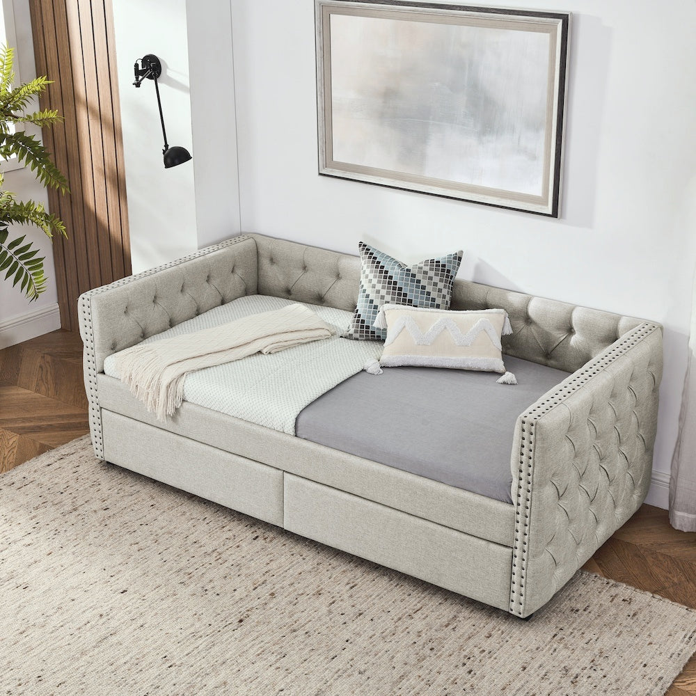 Upholstered Twin Size Daybed With Two Drawers, With Button And Copper Nail On Square Arms, Beige