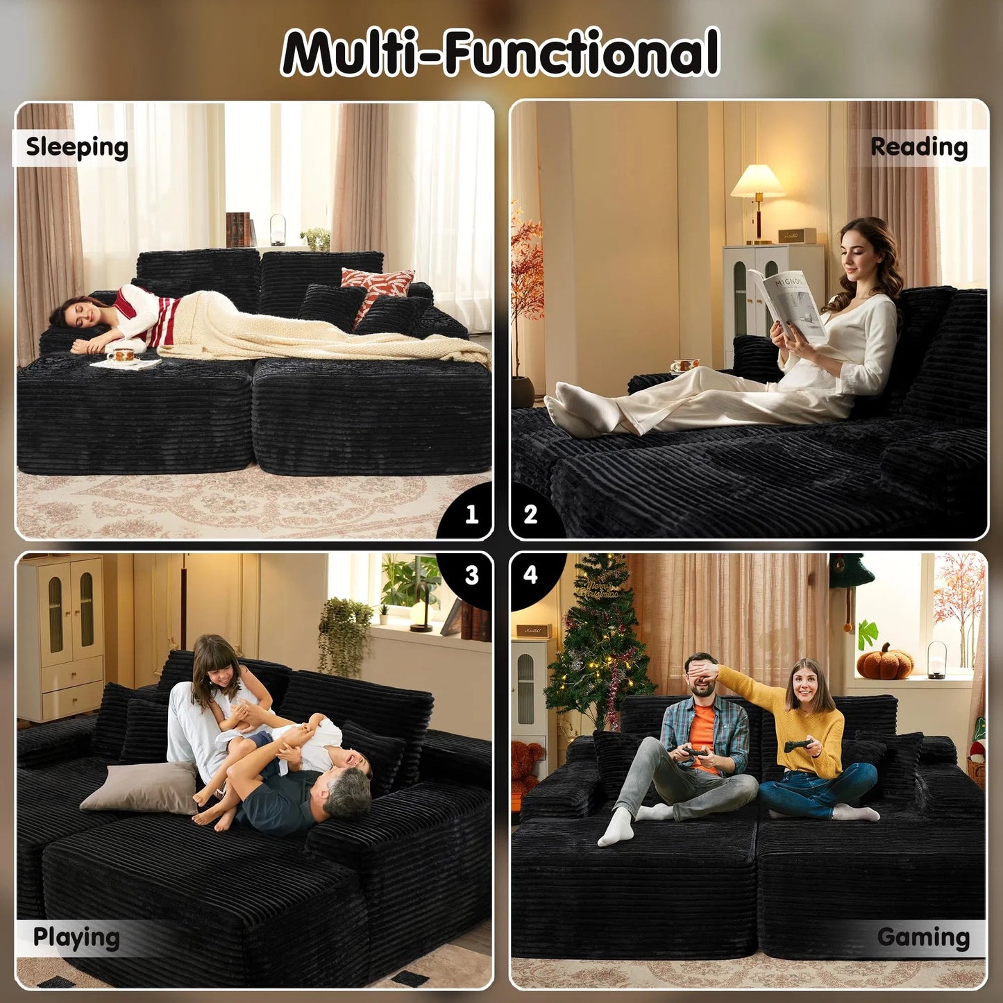 Oversized Double Lounge Chaise,Cloud Plush Sofa Bed,Upholstered Boneless Cloud Sofa Deep Seat,No Assembly Required,Modern Corduroy Sleeper Loveseat Chair For Living Room Bedroom Reading,Black