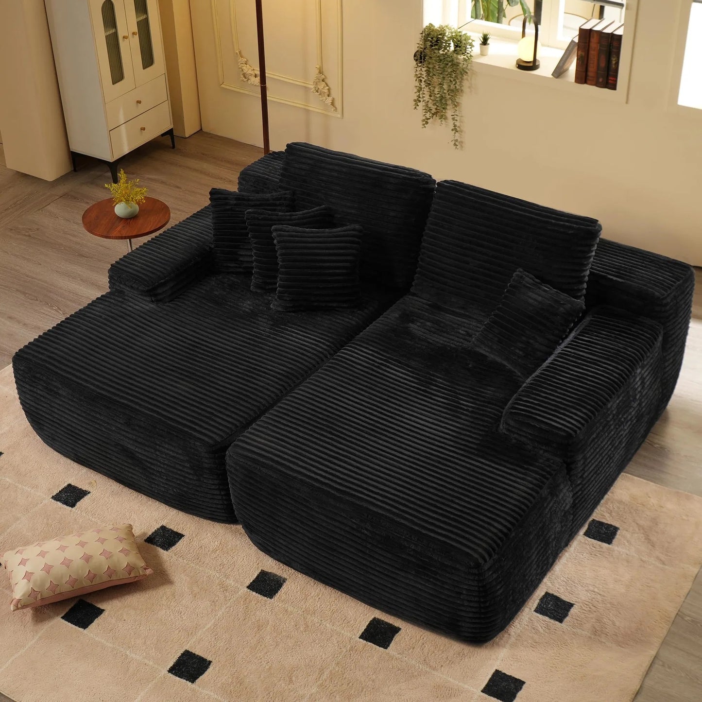 Oversized Double Lounge Chaise,Cloud Plush Sofa Bed,Upholstered Boneless Cloud Sofa Deep Seat,No Assembly Required,Modern Corduroy Sleeper Loveseat Chair For Living Room Bedroom Reading,Black