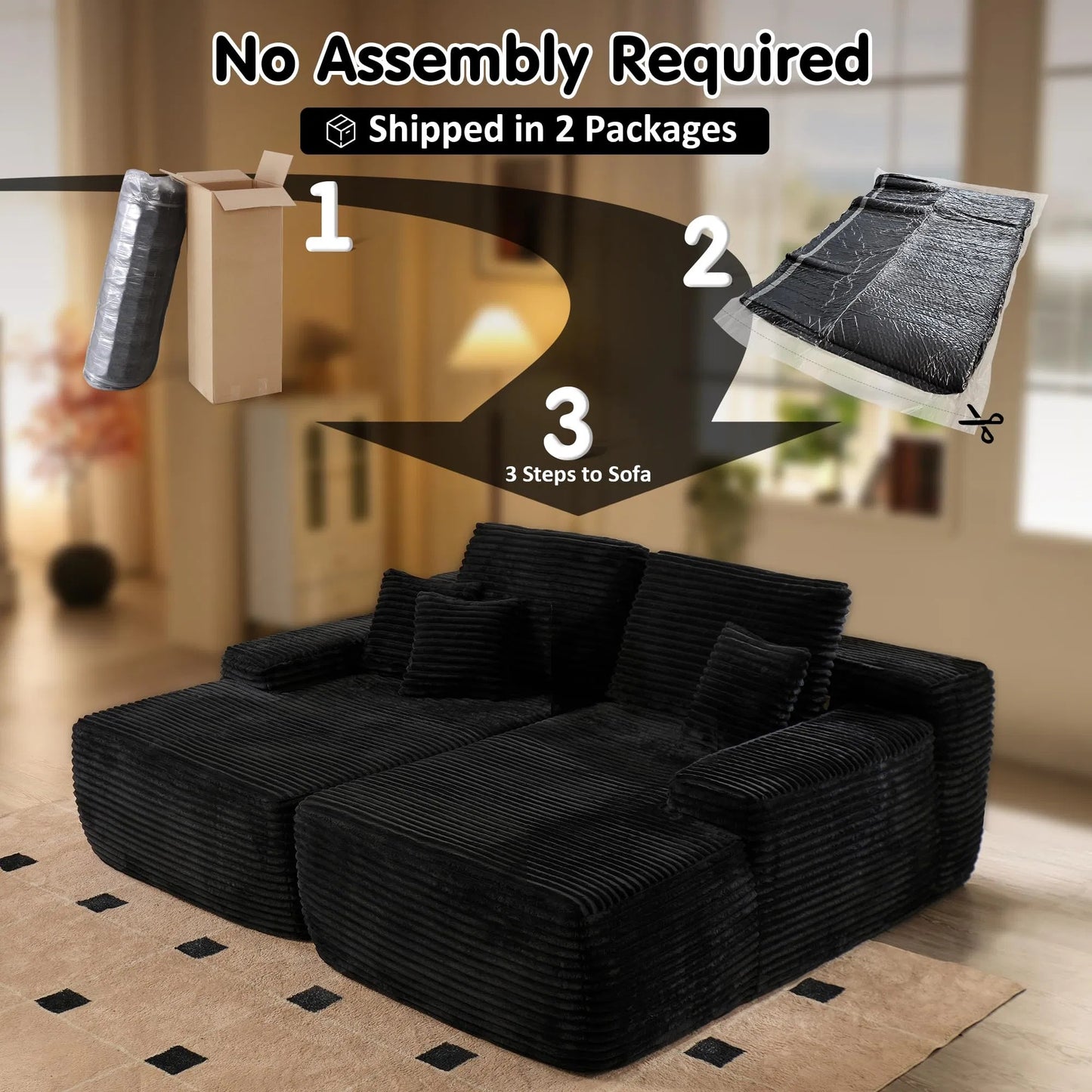 Oversized Double Lounge Chaise,Cloud Plush Sofa Bed,Upholstered Boneless Cloud Sofa Deep Seat,No Assembly Required,Modern Corduroy Sleeper Loveseat Chair For Living Room Bedroom Reading,Black