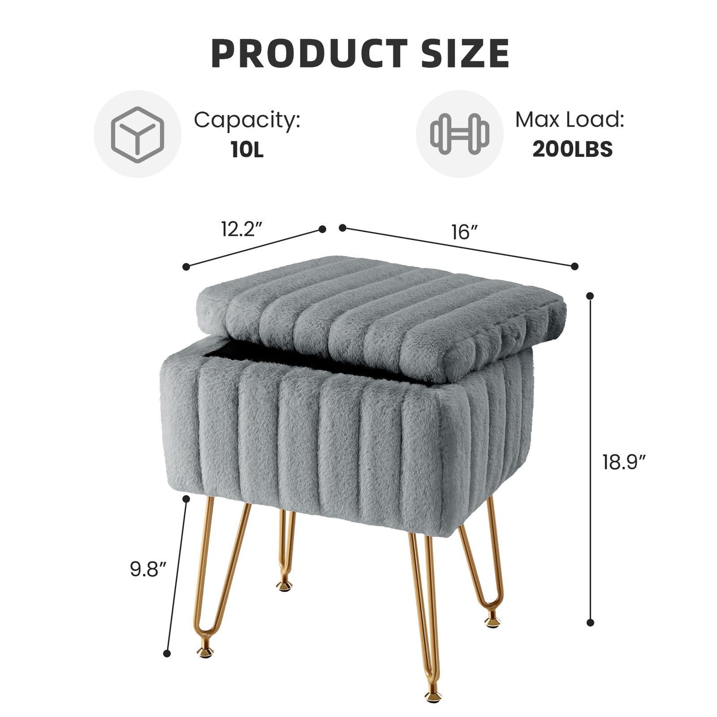 Vanity Stool Chair with Storage, Ottoman Faux Fur Soft Padded Makeup Footstools Seat with 4 Metal Legs Anti-Slip Adjustable Feet Modern