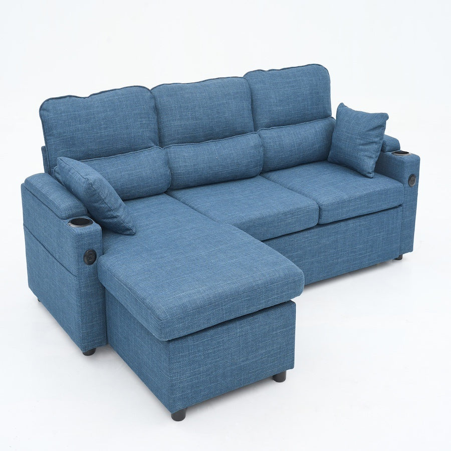 Convertible Sleeper Sofa 2 In 1, L-Shaped Couches For Living Room, Pull Out Sectional Futon Sofa Bed With Storage Space, USB Ports And Cup Holders For Bedroom