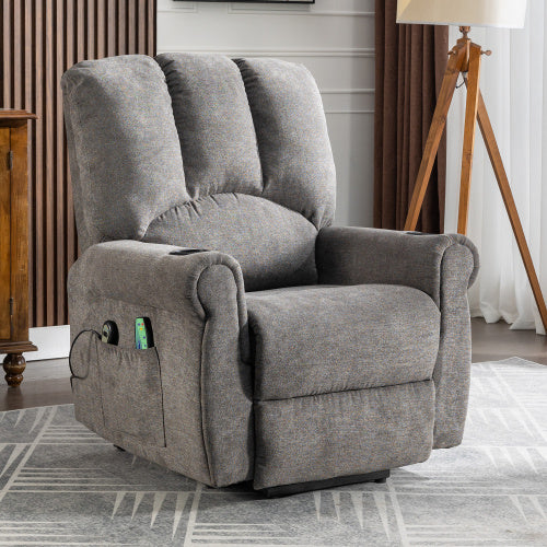 Electric Lift Grey Senior Chair - Single Motor, Heated Massage, Stand Assist, Storage Pockets, Cup Holders