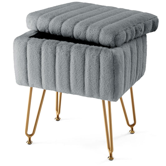 Vanity Stool Chair with Storage, Ottoman Faux Fur Soft Padded Makeup Footstools Seat with 4 Metal Legs Anti-Slip Adjustable Feet Modern