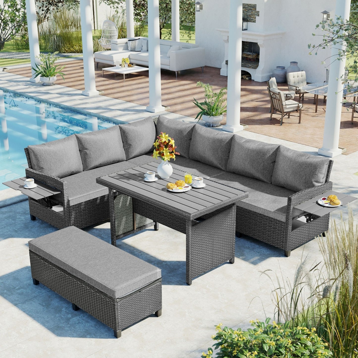 TOMAX 5-Pc Outdoor Patio Rattan Sofa Set, L-Shaped PE Wicker Garden Furniture