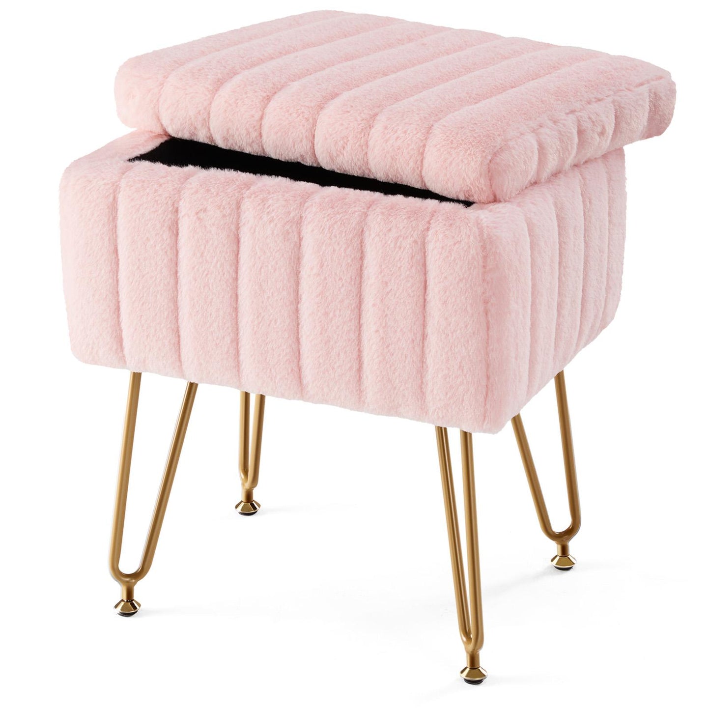 Vanity Stool Chair with Storage, Ottoman Faux Fur Soft Padded Makeup Footstools Seat with 4 Metal Legs Anti-Slip Adjustable Feet Modern