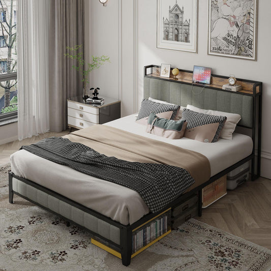 Queen-Size，Full metal bed frame with charging port at the head of the bed.