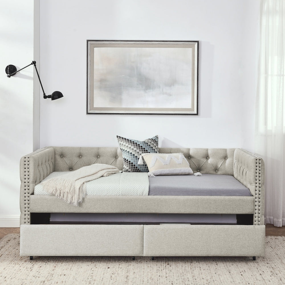 Upholstered Twin Size Daybed With Two Drawers, With Button And Copper Nail On Square Arms, Beige